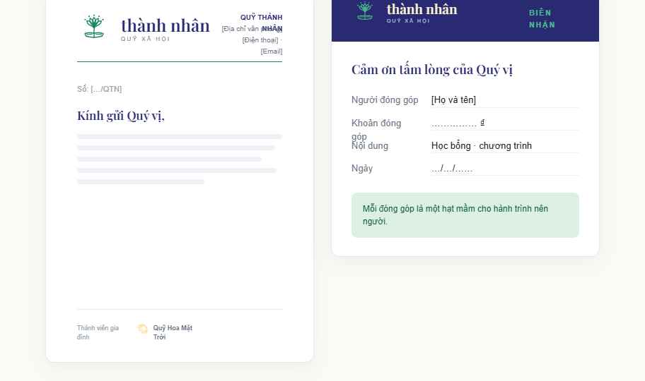 Tiêu đề thư và biên nhận đóng góp Quỹ Thành Nhân